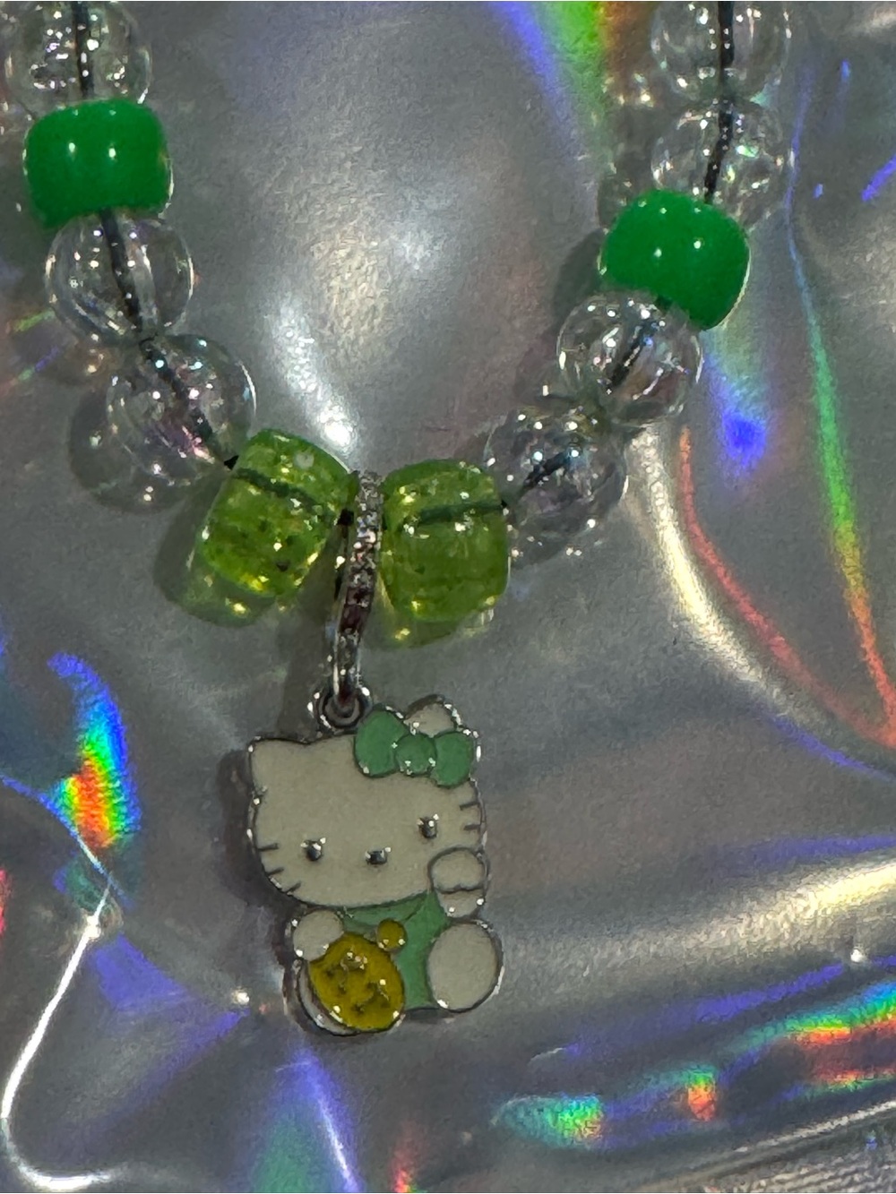 Green Beaded Kids Charm Bracelet with Cat Pendant